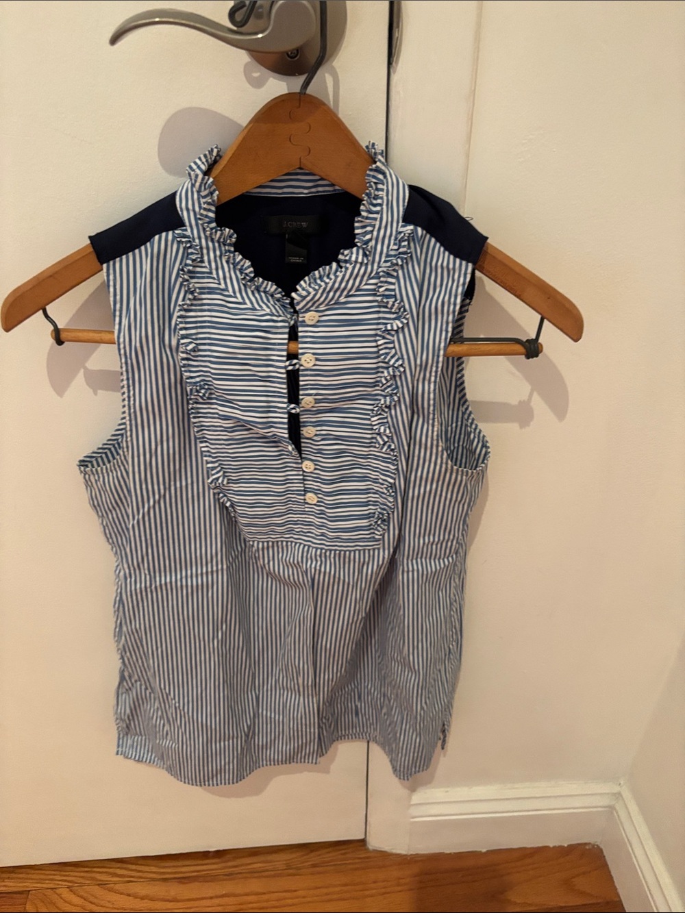 J. Crew Blue and White Striped Ruffle Button-Front Sleeveless Top